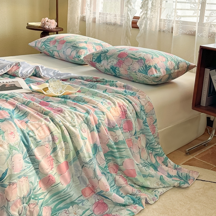 91家纺网 家纺一手货源 找家纺 小禹仔 2025新款针织凉感丝印花夏被夏凉被 郁情粉