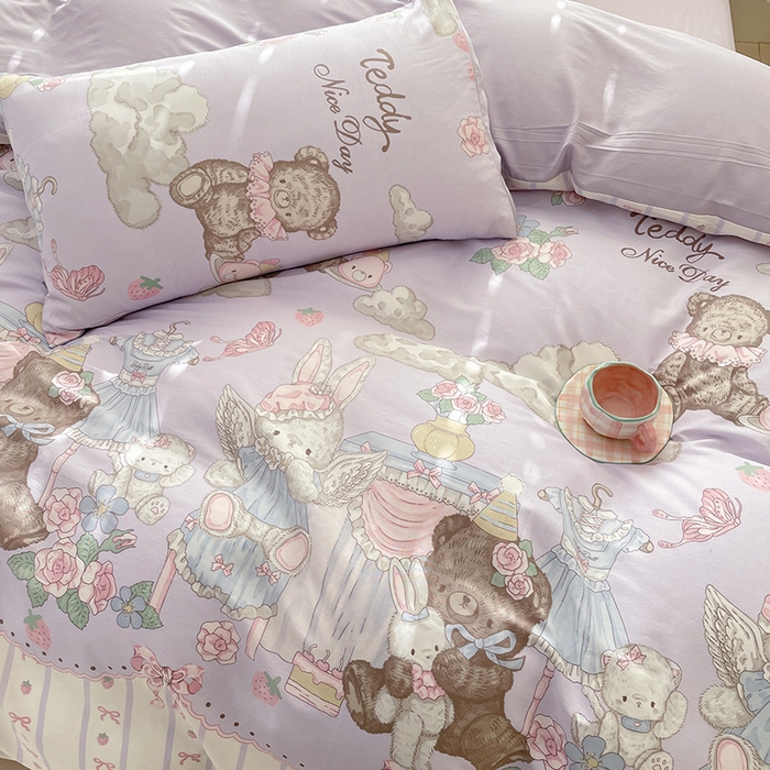 91家纺网 家纺一手货源 找家纺 丫丫家纺  2025新款13070全棉喷气小清新印花单品套件系列-四件套 童话镇