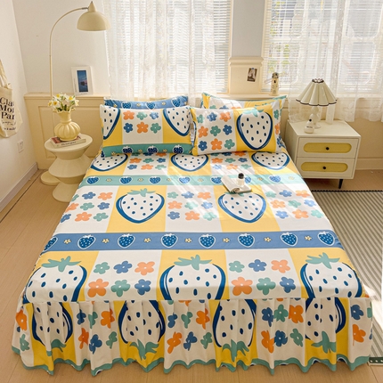 极梦家纺（支持定制）  2025新款春秋130克加厚植物羊绒磨毛印花单床裙三件套 草莓花季