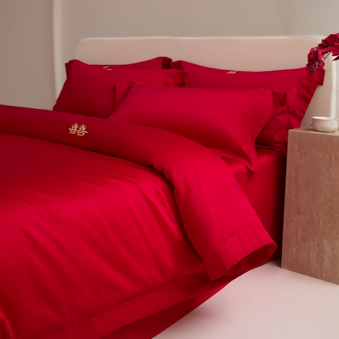 91家纺网 家纺一手货源 找家纺 （总）秀色家纺 2025新款高档100支新疆长绒棉婚庆四件套纯棉喜被全棉大红色结婚床单被套-囍