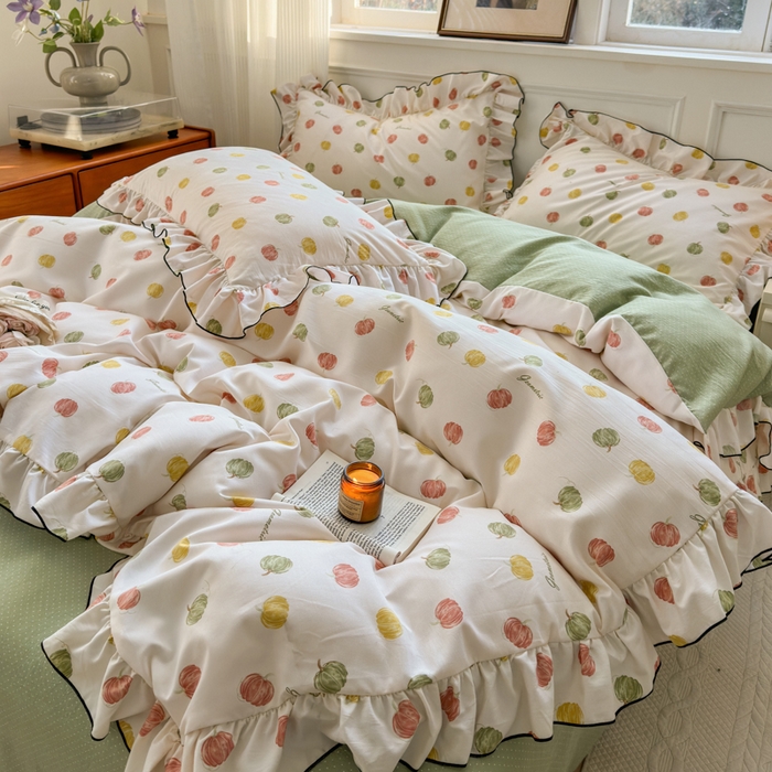 91家纺网 家纺一手货源 找家纺 寐居家纺 2025新款韩版舒柔绵四件套 花边款-多彩南瓜