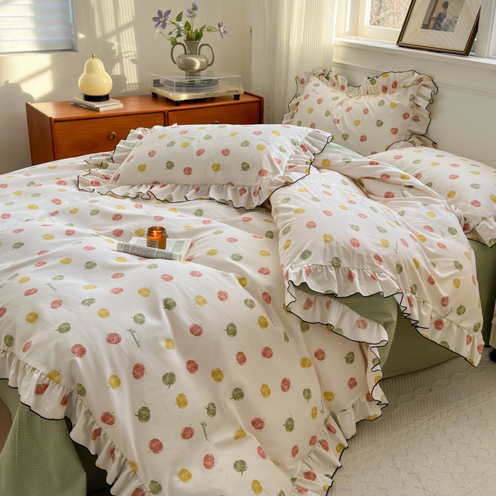 91家纺网 家纺一手货源 找家纺 寐居家纺 2025新款韩版舒柔绵四件套 花边款-多彩南瓜