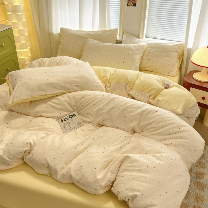 91家纺网 家纺一手货源 找家纺 新印象 2025新款有氧针织棉双层纱四件套点点