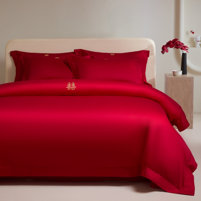 91家纺网 家纺一手货源 找家纺 （总）秀色家纺 2025新款高档100支新疆长绒棉婚庆四件套纯棉喜被全棉大红色结婚床单被套-囍