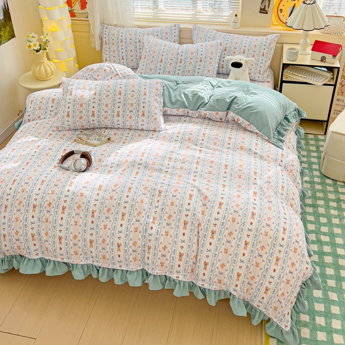 91家纺网 家纺一手货源 找家纺 纽缦家纺 2025新款云感提花双层纱韩版四件套 他和她的兔