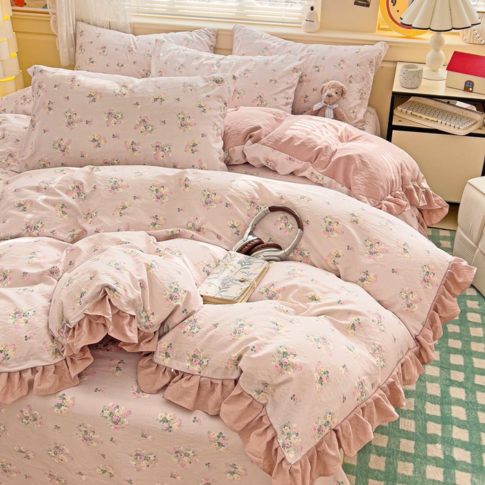 91家纺网 家纺一手货源 找家纺 纽缦家纺 2025新款云感提花双层纱韩版四件套 暗恋