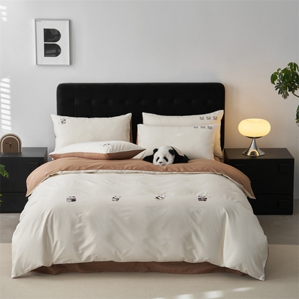 鼎飞家纺 2025新款全棉纯色双拼套件 奶白焦糖