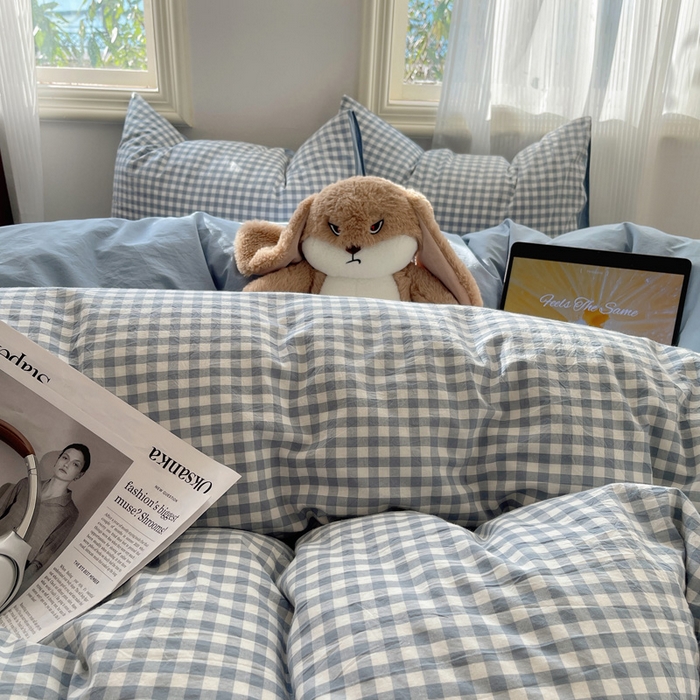 91家纺网 家纺一手货源 找家纺 雅居纺家纺 2025全棉色织水洗棉四件套 蓝小格