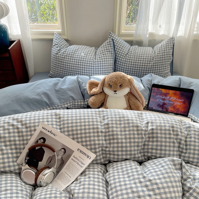 91家纺网 家纺一手货源 找家纺 雅居纺家纺 2025全棉色织水洗棉四件套 蓝小格