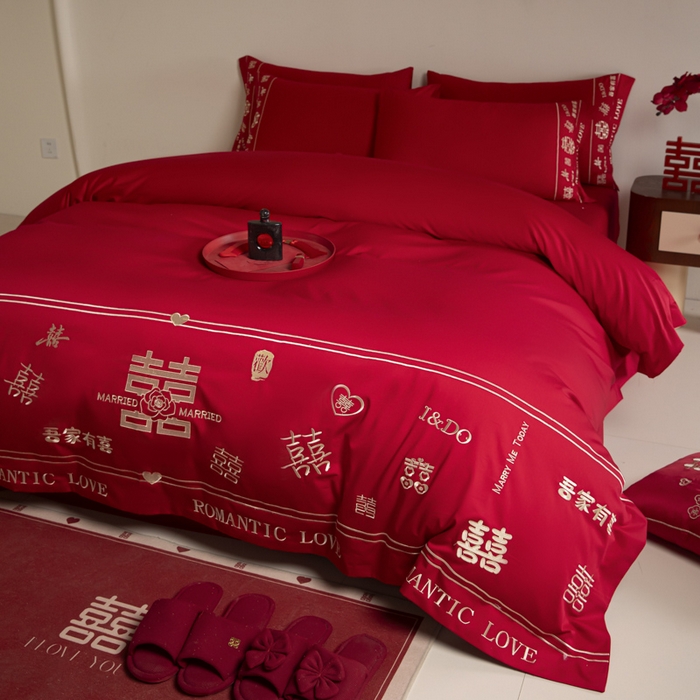 91家纺网 家纺一手货源 找家纺 苏源家居 2025新款 大红婚庆结婚喜庆刺绣轻奢四件套-吾家有喜系列 吾家有喜-金色