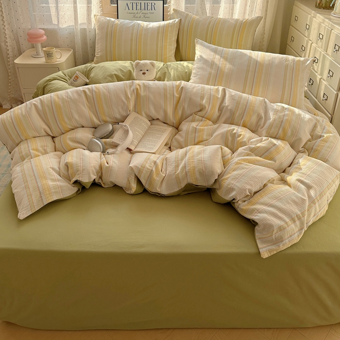 91家纺网 家纺一手货源 找家纺 雅居纺家纺 2025全棉色织水洗棉四件套 麦田绿