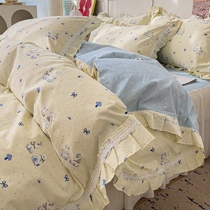 麦朵家居 2025新款13372花边全棉长绒棉床裙款四件套双层纱全棉水洗棉套件--繁花系列 小兔熊