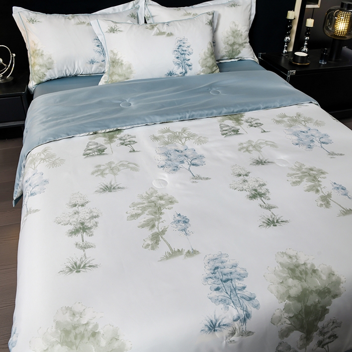 91家纺网 家纺一手货源 找家纺 千嘻汇2025新款水洗天丝真丝夏被四件套夏凉被空调被 发财树兰