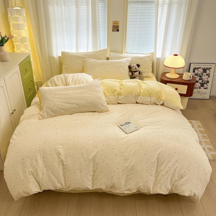 91家纺网 家纺一手货源 找家纺 新印象 2025新款有氧针织棉双层纱四件套点点