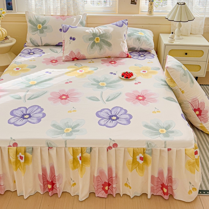 91家纺网 家纺一手货源 找家纺 极梦家纺（支持定制）  2025新款春秋130克加厚植物羊绒磨毛印花单床裙三件套 浅尝春色