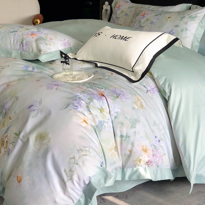 91家纺网 家纺一手货源 找家纺 薏思家纺 2025新款100支长绒棉数码印花飞边款四件套 晚香青玉