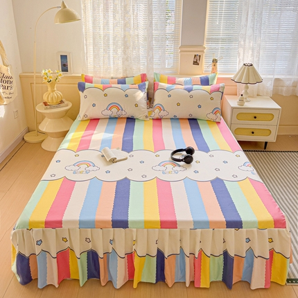 极梦家纺（支持定制）  2025新款春秋130克加厚植物羊绒磨毛印花单床裙三件套 彩虹桥