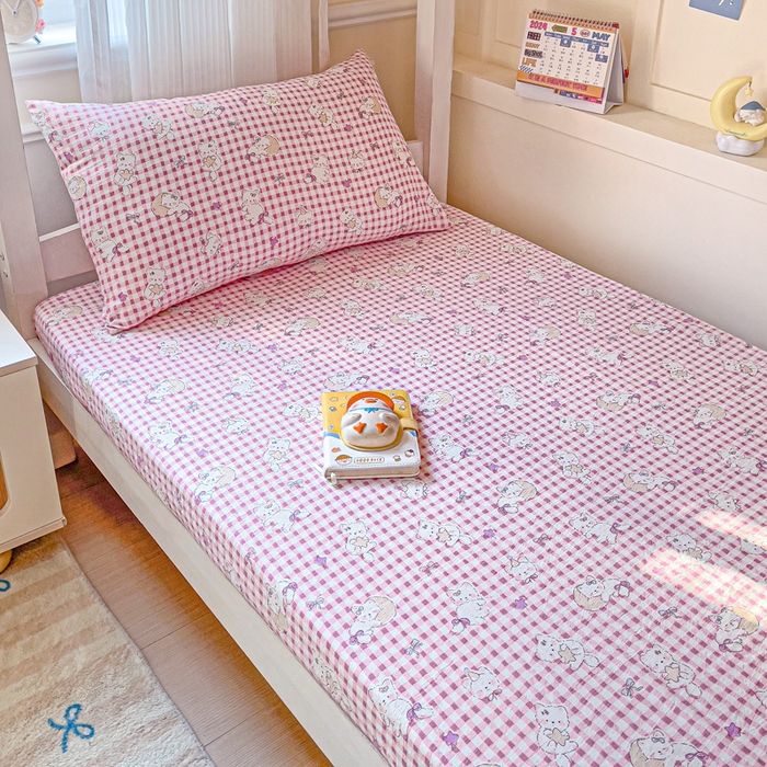 91家纺网 家纺一手货源 找家纺 纽缦家纺 2025新款云感提花双层纱学生床笠 猫猫晚宴