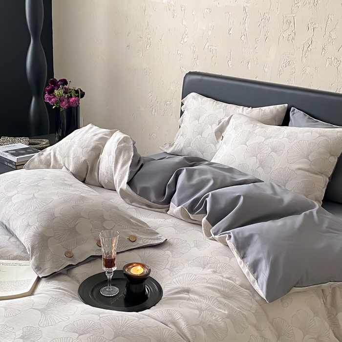 91家纺网 家纺一手货源 找家纺 旷野 2025新款全棉色织提花四件套 银杏-灰