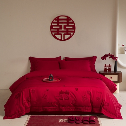 91家纺网 家纺一手货源 找家纺 （总）苏源家居 2025新款 大红婚庆结婚喜庆刺绣轻奢四件套-吾家有喜系列