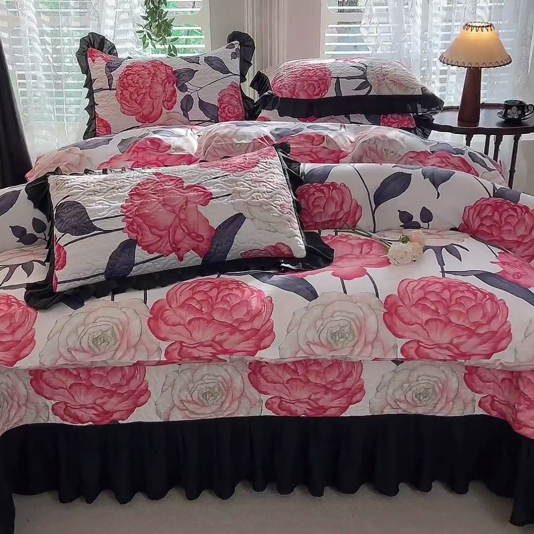 91家纺网 家纺一手货源 找家纺 金盛皇朝家纺 2025新款法式赫本风大花卉床盖四件套 花开富贵