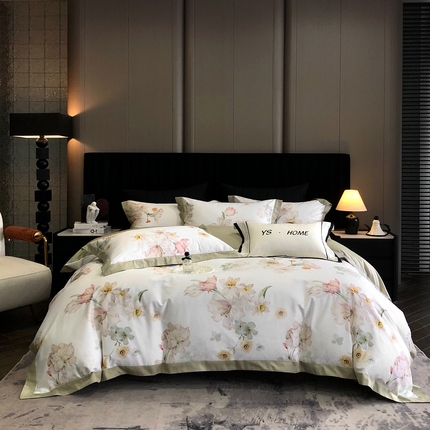 91家纺网 家纺一手货源 找家纺 薏思家纺 2025新款100支长绒棉数码印花飞边款四件套 知否青