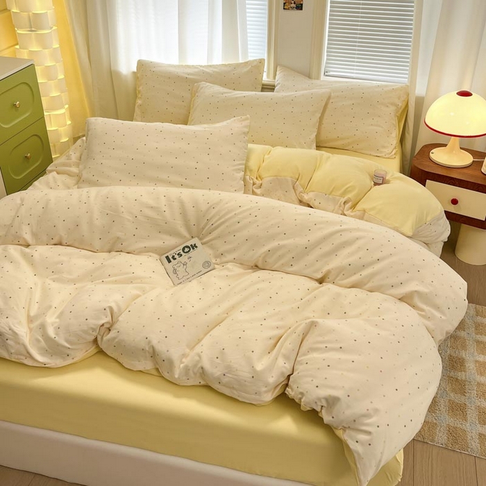 91家纺网 家纺一手货源 找家纺 新印象 2025新款有氧针织棉双层纱四件套点点