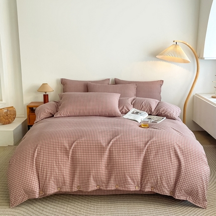 91家纺网 家纺一手货源 找家纺 库里梦 无印条纹简约格子色织双层纱木棉四件套 豆沙-格