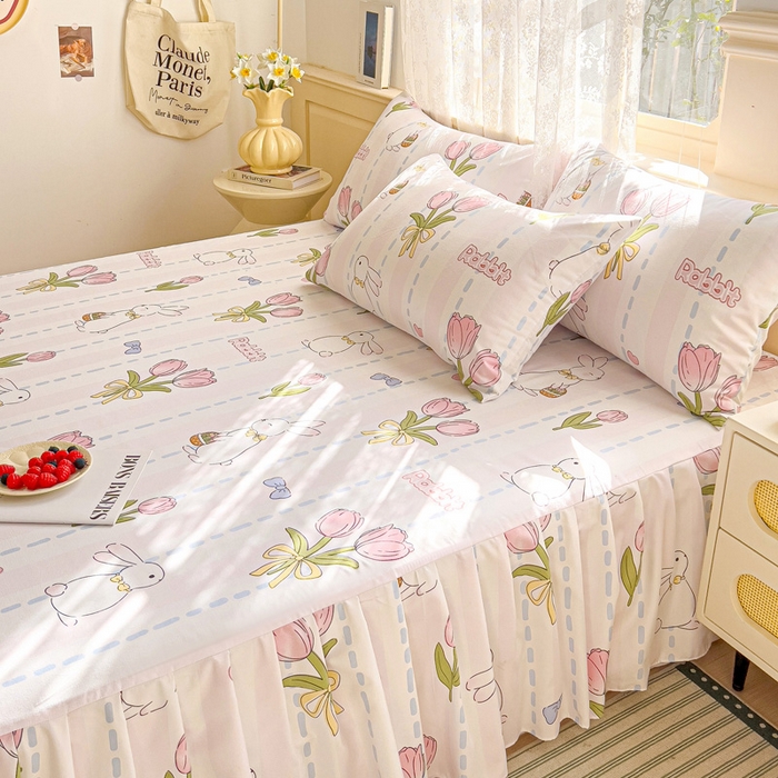 91家纺网 家纺一手货源 找家纺 极梦家纺（支持定制）  2025新款春秋130克加厚植物羊绒磨毛印花单床裙三件套 爱伊菲兔