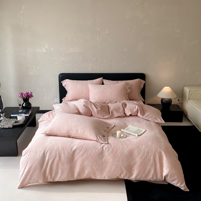 91家纺网 家纺一手货源 找家纺 旷野 2025新款全棉色织提花四件套 雾凇-粉