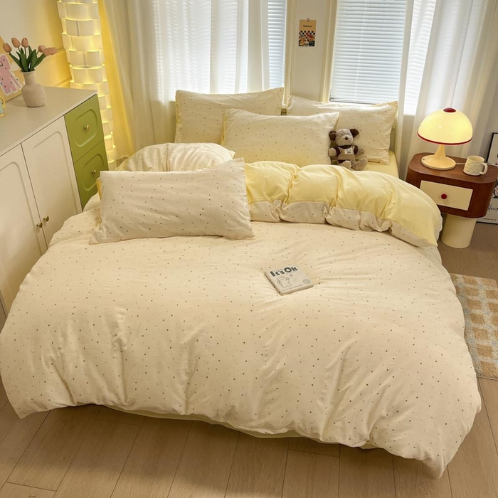 91家纺网 家纺一手货源 找家纺 新印象 2025新款有氧针织棉双层纱四件套点点