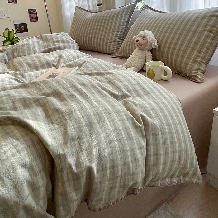 91家纺网 家纺一手货源 找家纺 蓝邻家纺 2025年新款全棉水洗棉贝壳边四件套系列 日落绿