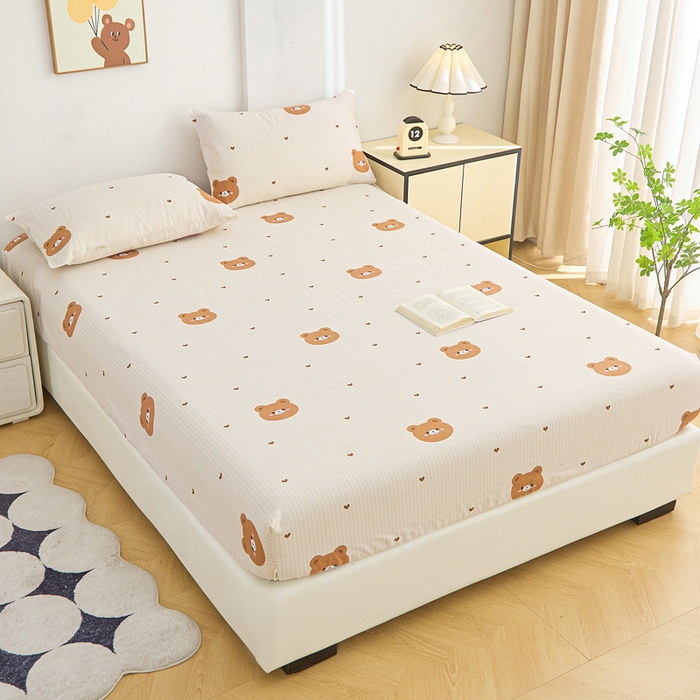 91家纺网 家纺一手货源 找家纺 棉乐町家居  2025新款原棉粗布床笠 笑脸熊