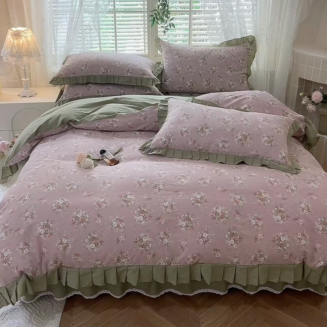 91家纺网 家纺一手货源 找家纺 （总）美达家纺 2025新款全棉纯色拼印花床裙四件套