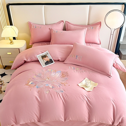 大麦乐田2025新款蒂素平纹磨毛刺绣四件套 蒂素-豆沙粉