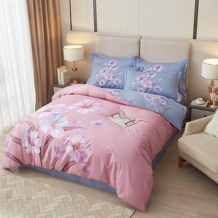 91家纺网 家纺一手货源 找家纺 启航家居2025新款春夏直播爆款全棉大版印花四件套 锦上繁花粉