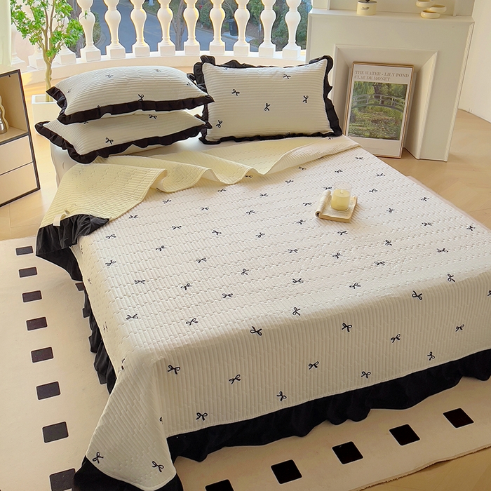 91家纺网 家纺一手货源 找家纺 美梦家纺 2025新款A类全棉13372花边床盖四件套-黑边 蝴蝶结