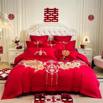 91家纺网 家纺一手货源 找家纺 欧乐蒂 2025新款亲肤棉刺绣婚庆四件套 龙凤爱恋