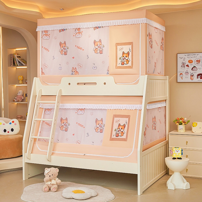 91家纺网 家纺一手货源 找家纺 迪凡保罗蚊帐 2025新款2504专版印花遮光帘上下铺子母蚊帐-城堡款 调皮狗