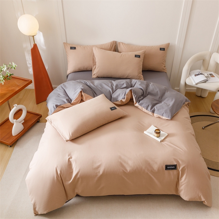 91家纺网 家纺一手货源 找家纺 趣色家纺 2025新款全棉双拼纯色四件套 卡其+浅灰