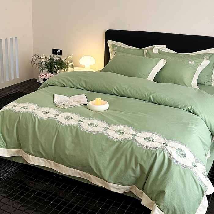 91家纺网 家纺一手货源 找家纺 懒猫家纺 2025新款【克莉斯】全棉刺绣四件套 克莉斯-绿