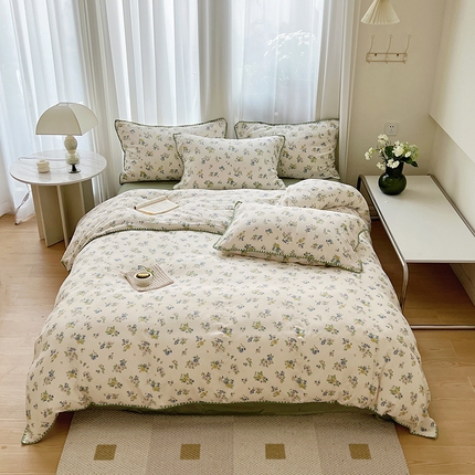 91家纺网 家纺一手货源 找家纺 雅居纺家纺 2025新款全棉贝壳边双层纱四件套 春意