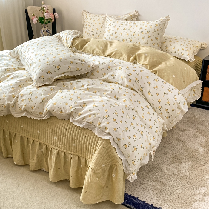 91家纺网 家纺一手货源 找家纺 梦可莱家居 2025新款全棉韩版蕾丝边床盖四件套 花儿