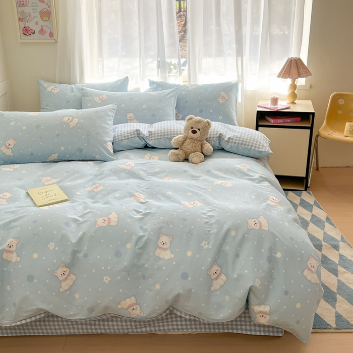 91家纺网 家纺一手货源 找家纺 吉象家纺 2025新款高支密全棉印花四件套12868跑量款 蓝色泡芙狗