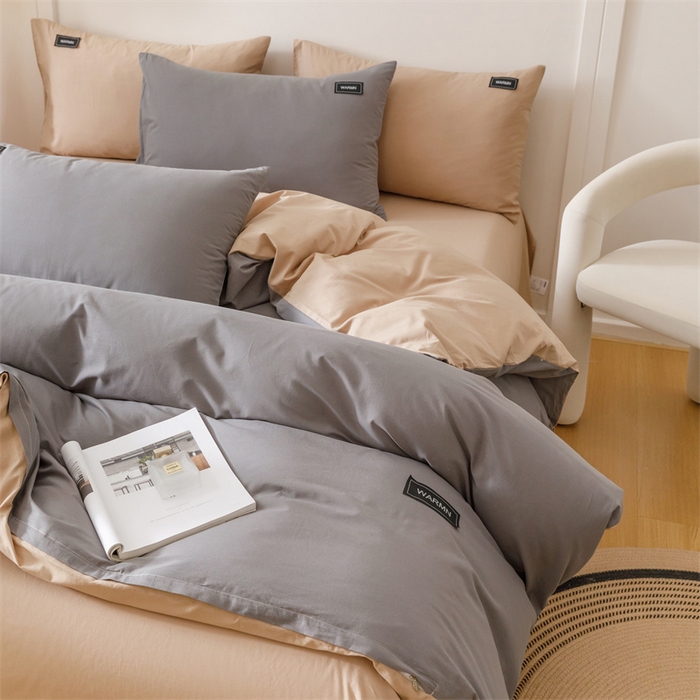 91家纺网 家纺一手货源 找家纺 趣色家纺 2025新款全棉双拼纯色四件套 浅灰+卡其