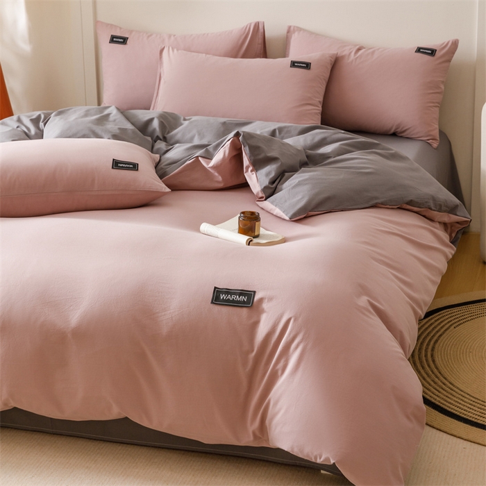 91家纺网 家纺一手货源 找家纺 趣色家纺 2025新款全棉双拼纯色四件套 香芋+浅灰