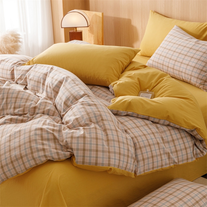 91家纺网 家纺一手货源 找家纺 趣色家纺 2025新款全棉色织水洗棉四件套 云水黄格