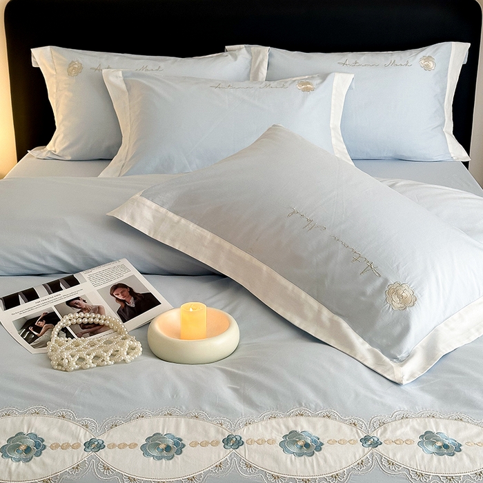 91家纺网 家纺一手货源 找家纺 懒猫家纺 2025新款【克莉斯】全棉刺绣四件套 克莉斯-蓝