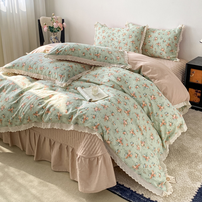 91家纺网 家纺一手货源 找家纺 梦可莱家居 2025新款全棉韩版蕾丝边床盖四件套 玫小姐