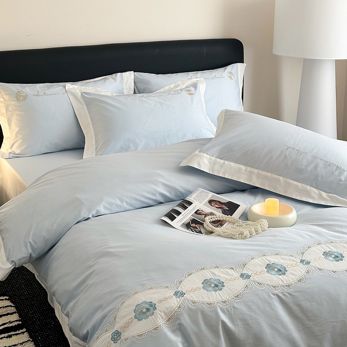 91家纺网 家纺一手货源 找家纺 懒猫家纺 2025新款【克莉斯】全棉刺绣四件套 克莉斯-蓝